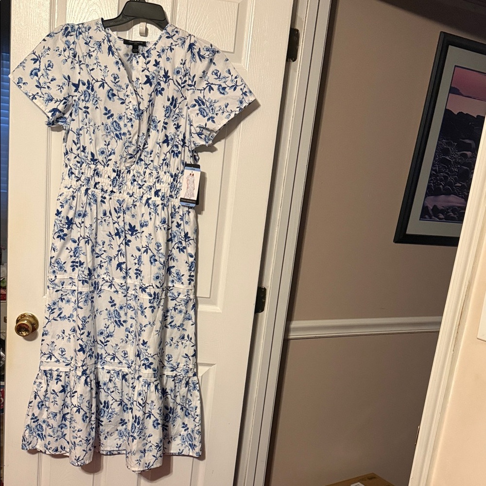 French Connection blue white summer short sleeve maxi dress with pockets;size: L
